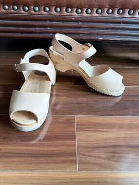 MIA Anja Womens Nude Beige Leather Swedish Clogs Sandals Wooden Kitten Heel 39
